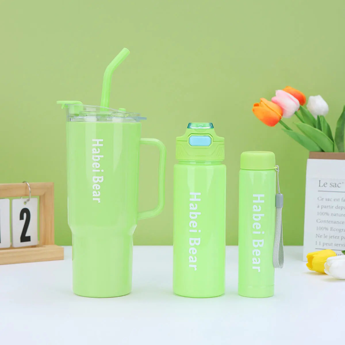 3 Piece Sports Water Bottle Set With Straw