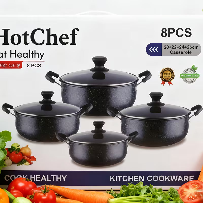 Eight-piece Set Double-Ear Soup Pots | Black Speckled Stew Pots with Transparent Glass Lids, Non-Stick