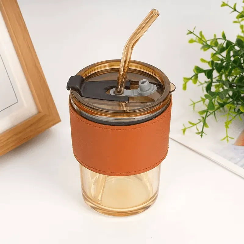 400ml Coffee Cup Sipper Glass Tumbler with Lid and Straw