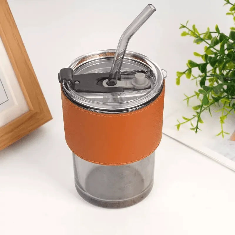 400ml Coffee Cup Sipper Glass Tumbler with Lid and Straw