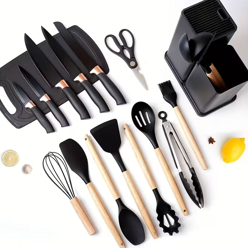 19pcs Non-Stick Cookware & Knife Set with Knives, Scissors, Tongs, Whisk, Measuring Spoon & Cutting Board