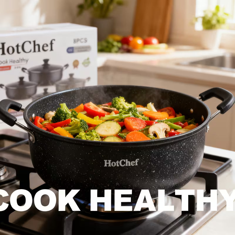 Eight-piece Set Double-Ear Soup Pots | Black Speckled Stew Pots with Transparent Glass Lids, Non-Stick