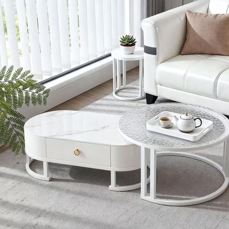 Simple imitation marble-patterned coffee table and glass coffee table set