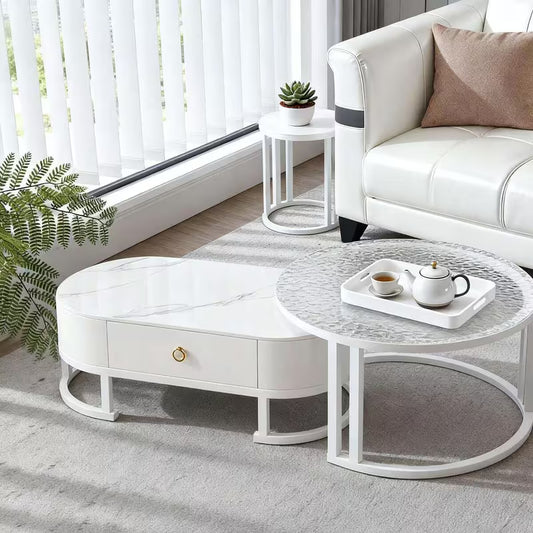 Simple imitation marble-patterned coffee table and glass coffee table set