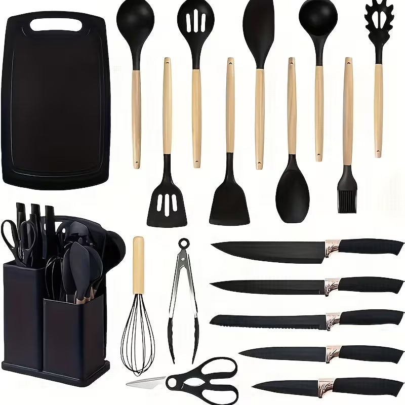 19pcs Non-Stick Cookware & Knife Set with Knives, Scissors, Tongs, Whisk, Measuring Spoon & Cutting Board