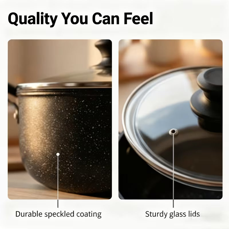 Eight-piece Set Double-Ear Soup Pots | Black Speckled Stew Pots with Transparent Glass Lids, Non-Stick