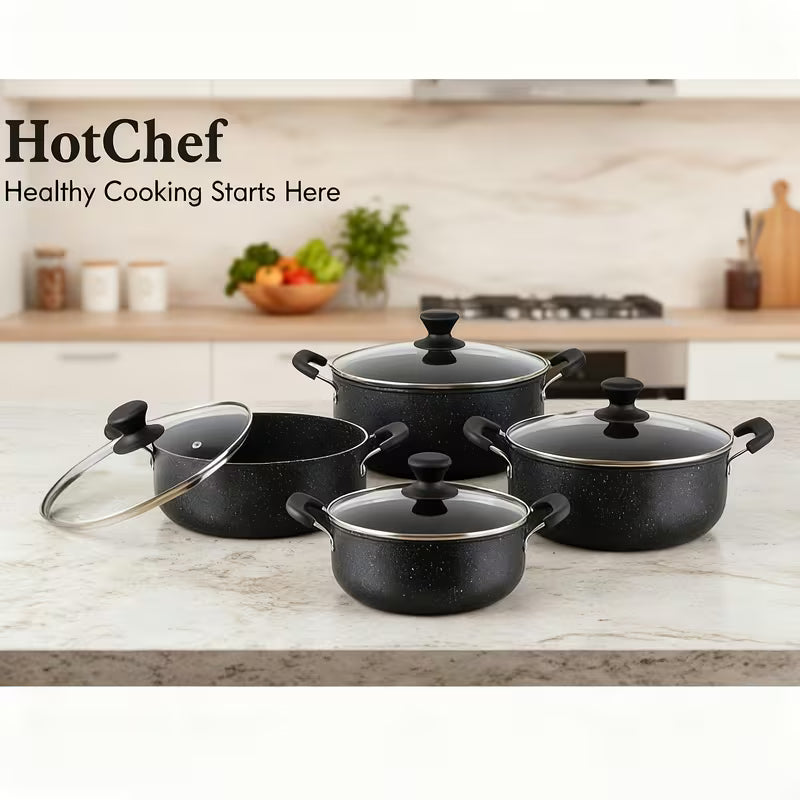 Eight-piece Set Double-Ear Soup Pots | Black Speckled Stew Pots with Transparent Glass Lids, Non-Stick