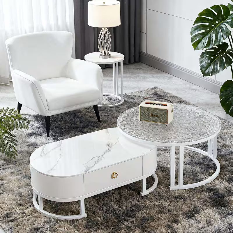 Simple imitation marble-patterned coffee table and glass coffee table set