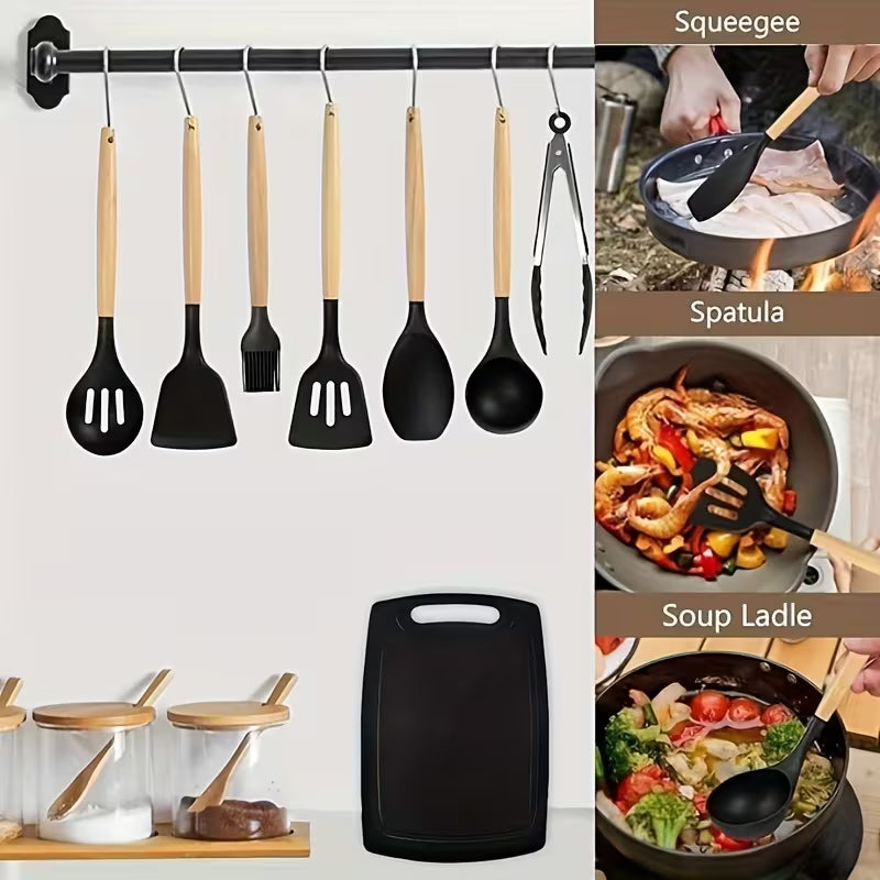 19pcs Non-Stick Cookware & Knife Set with Knives, Scissors, Tongs, Whisk, Measuring Spoon & Cutting Board