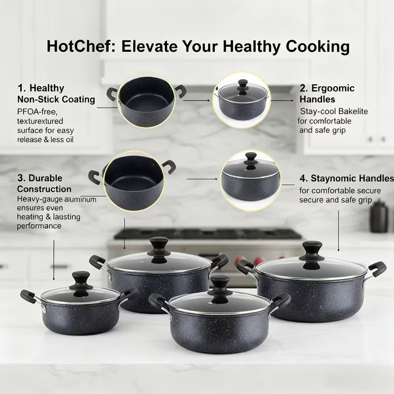 Eight-piece Set Double-Ear Soup Pots | Black Speckled Stew Pots with Transparent Glass Lids, Non-Stick
