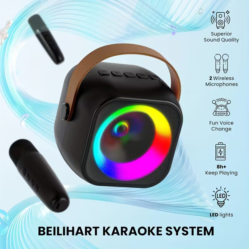 Mini Karaoke Machine, Portable wireless Karaoke Speaker with 2 Wireless Microphones