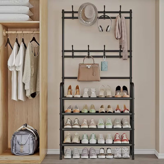 4-Tier Coat Rack & Shoe Rack with Storage Shelf