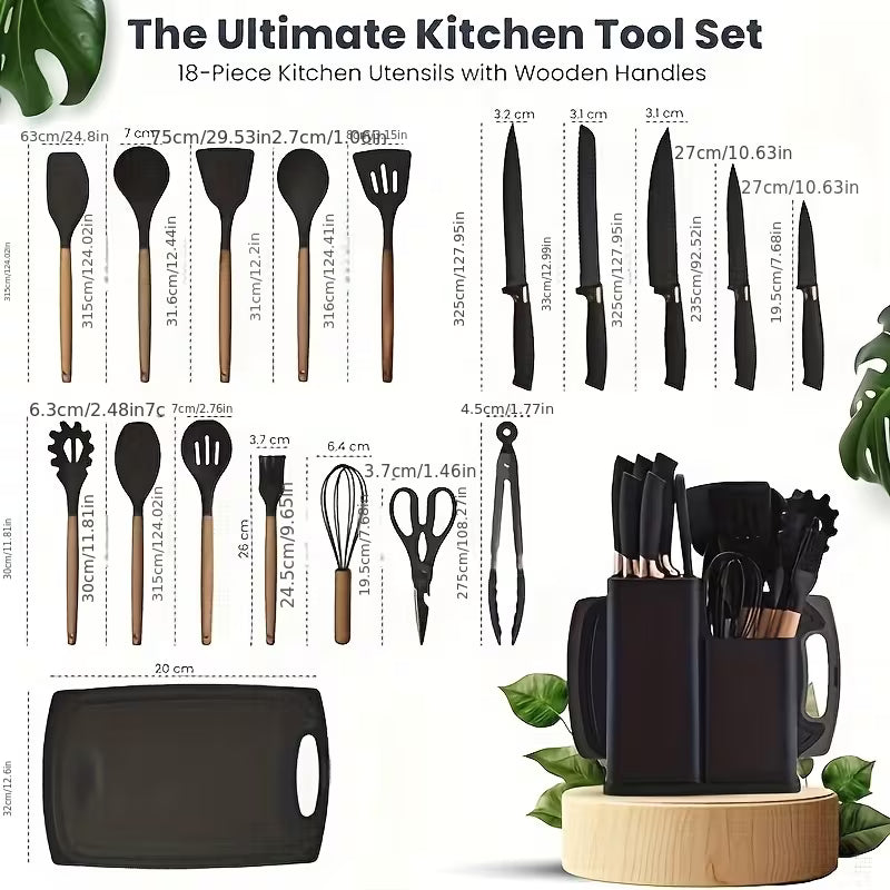 19pcs Non-Stick Cookware & Knife Set with Knives, Scissors, Tongs, Whisk, Measuring Spoon & Cutting Board