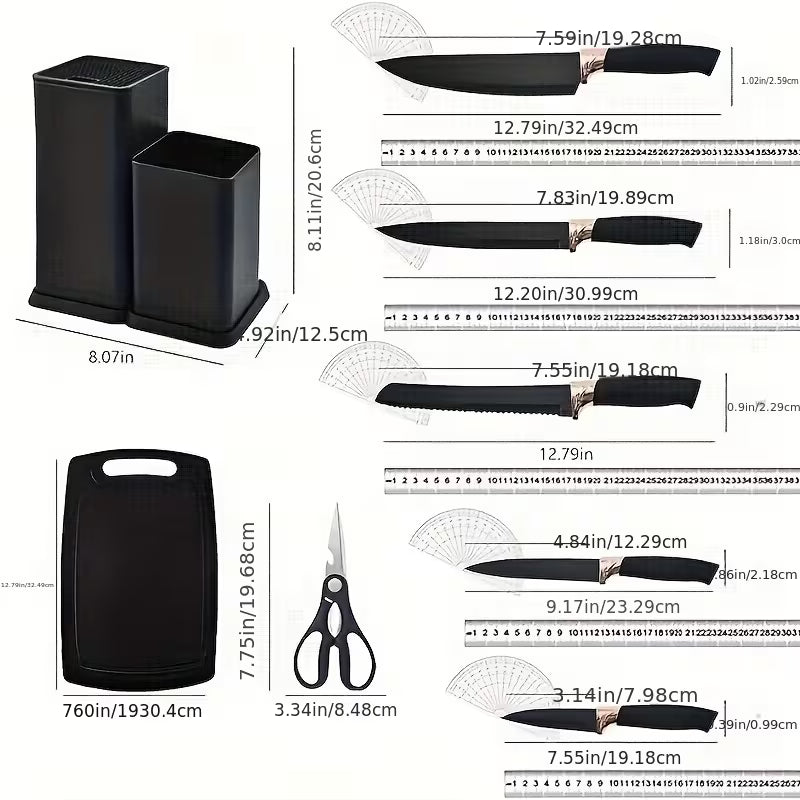 19pcs Non-Stick Cookware & Knife Set with Knives, Scissors, Tongs, Whisk, Measuring Spoon & Cutting Board