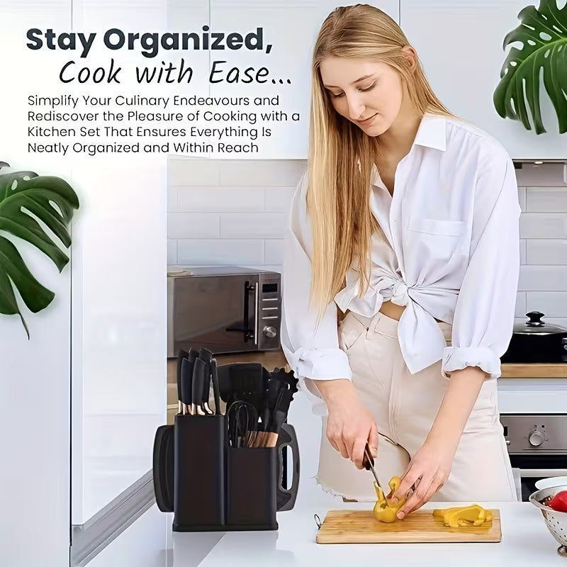 19pcs Non-Stick Cookware & Knife Set with Knives, Scissors, Tongs, Whisk, Measuring Spoon & Cutting Board