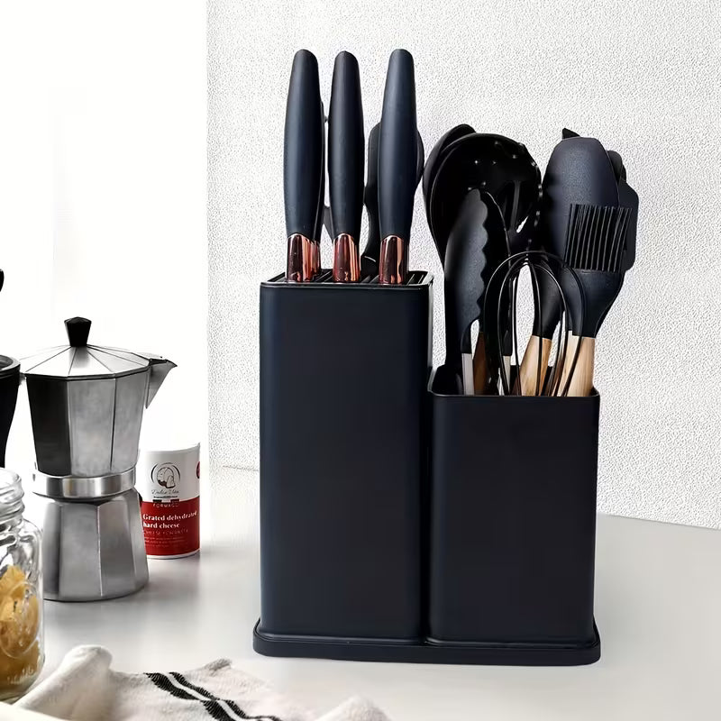 19pcs Non-Stick Cookware & Knife Set with Knives, Scissors, Tongs, Whisk, Measuring Spoon & Cutting Board