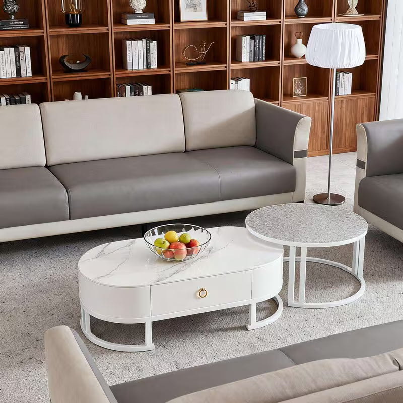 Simple imitation marble-patterned coffee table and glass coffee table set