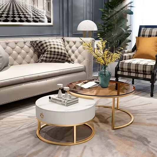 27" Tempered Round Glass + 19" Slate Round Coffee/Tea Table Set | for Living Room, Courtyard & Reception