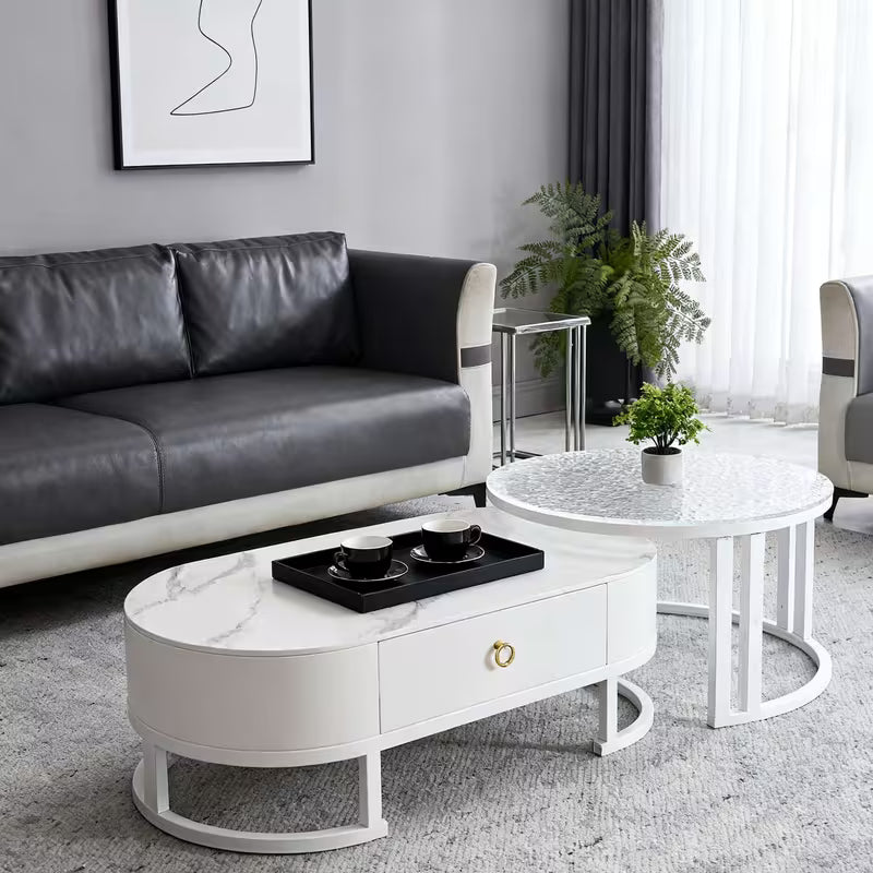 Simple imitation marble-patterned coffee table and glass coffee table set